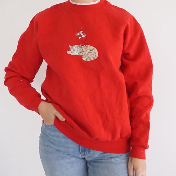 Vintage Top Stitch Morning Sun Red Embroidered Sleeping Kitten Crew Sweater L - Picture 1 of 10